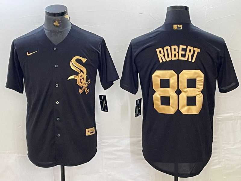 Mens Chicago White Sox #88 Luis Robert Black Gold Cool Base Stitched Baseball Jersey